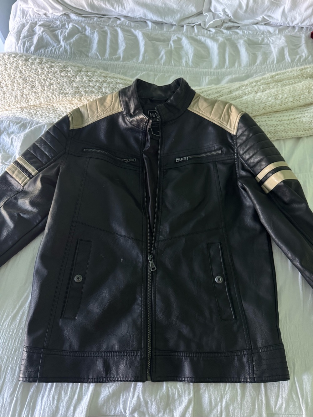HALO Black Leather Performance Jacket with Cream Shoulder and Sleeve Accents
